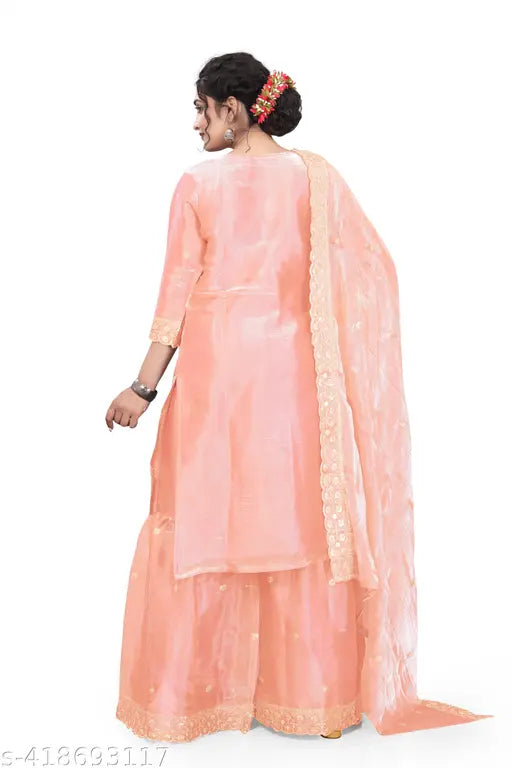 Embroidered Pakistani georgette lehenga set with kurta and palazzo for women, featuring three-quarter sleeves and tassel detailing. Cotton silk fabric, size S-XXXL, made in India