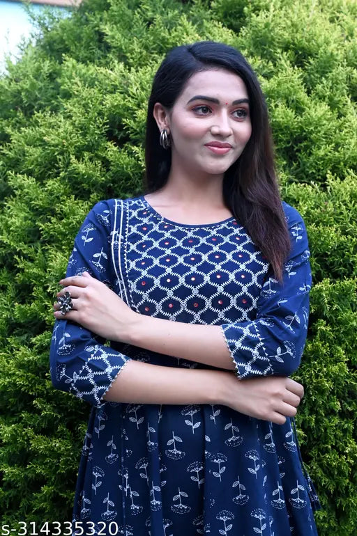 Blue rayon Anarkali kurti with embroidered mirror work, three-quarter sleeves, round neck - Indian traditional women's fashion