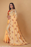 Art Silk women's net embroidery saree with matching running blouse, solid pattern Indian bridal wear on display