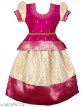 Silk and jacquard South Traditional Wear Lehenga Choli Set for Kids, featuring lace work and printed design. Perfect for occasions like Mahamaham Festival, Ugadi, Mysuru Dasara, Hampi Utsav, Pongal, Karaga, Onam, Wedding, Ceremonial, Party, Birthday, Festival etc. Best gift suitable for a birthday girl. Indian origin