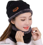 Wool winter beanie with neck warmer, fur-patterned, onesize from India