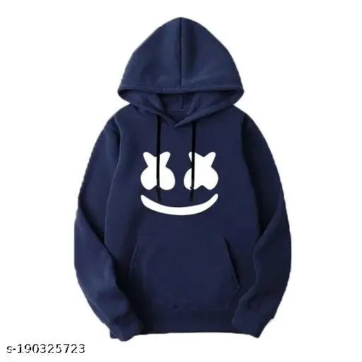 Unisex blue cotton hoodie, stylish smiley design pullover for men and women, long sleeves, 100% cotton with bio-washed fabric, ideal for winter