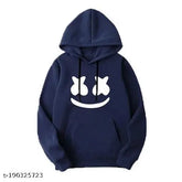 Unisex blue cotton hoodie, stylish smiley design pullover for men and women, long sleeves, 100% cotton with bio-washed fabric, ideal for winter