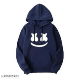 Unisex blue cotton hoodie, stylish smiley design pullover for men and women, long sleeves, 100% cotton with bio-washed fabric, ideal for winter