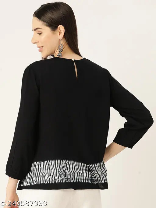 Black rayon pleated tie-dye top, solid net, long sleeves, India origin