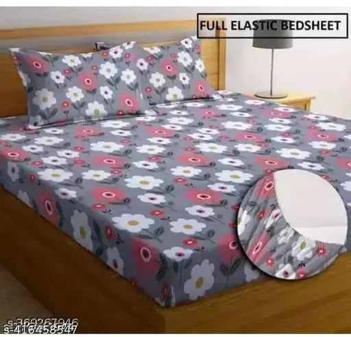 Attractive cotton floral double fitted bedsheet with 2 large pillow covers, ideal for summer adult use (220 thread count, net quantity 3)