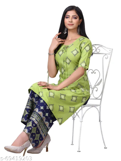 Rayon rayon kurta set with printed plazo palazzos, featuring foil print and short sleeves - Indian fashion attire on model