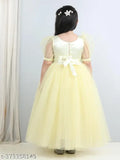 Lemon yellow net party dress for kids, full length with short sleeves and toy balloon print