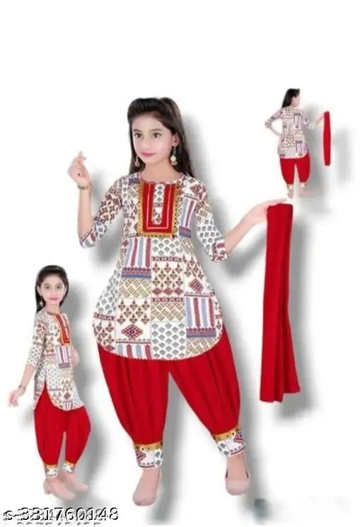 Cotton blend embellished kurta and patiyala with dupatta set for kids, trending partywear for girls aged 1-10 years, Indian festival wear