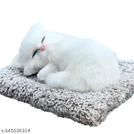 Durable plastic cat showpiece with activated carbon, home & car decor, soft artificial fur, purifies air, India-made