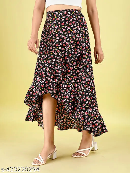 Timeless elegance floral print midi skirt with pleated A-line silhouette, crepe fabric, size 28-38 (India origin)