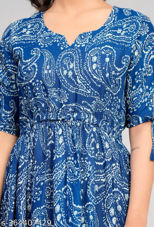 Blue rayon paisley print fit-and-flare anarkali dress for women, vibrant style in 48-inch length