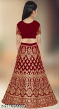 Red embroidered satin lehenga choli with net dupatta for girls, size 3-16 years, intricately stitched and vibrant