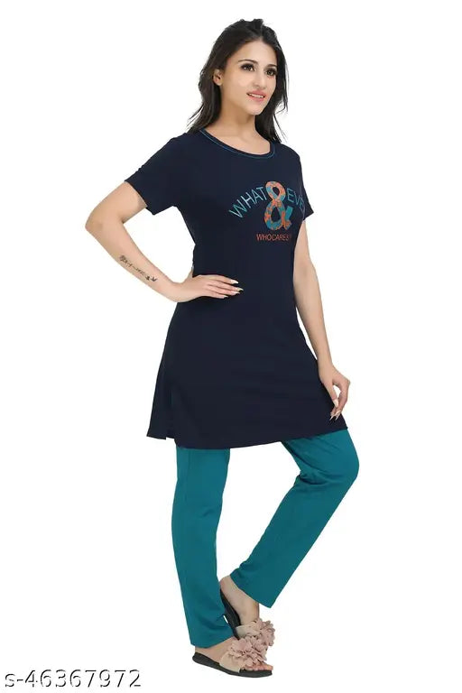 Bell Women's printed cotton night suits, multipack of 1, short-sleeved pyjama and t-shirt set in assorted sizes from L to 5XL, made in India