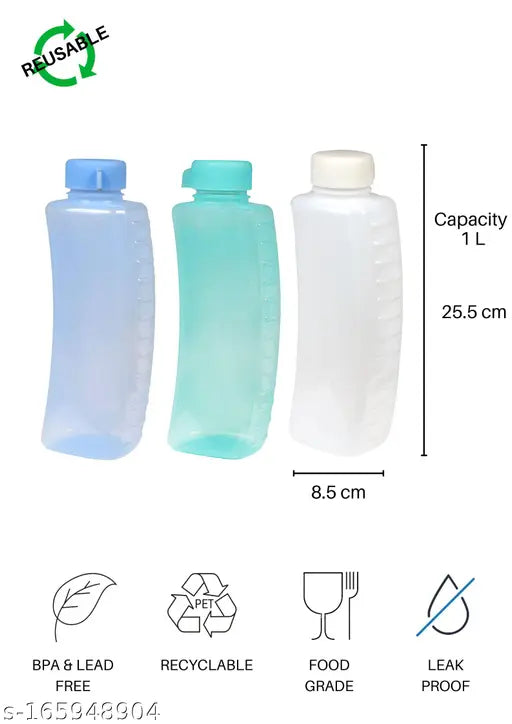 Blue plastic fridge water bottles set of 3 - Easy grip style, leak-proof, BPA free, food grade PET, ideal for chilled or room temp water, pack of 3, crystal clarity, eco-friendly