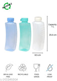 Blue plastic fridge water bottles set of 3 - Easy grip style, leak-proof, BPA free, food grade PET, ideal for chilled or room temp water, pack of 3, crystal clarity, eco-friendly