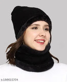 Woolen winter beanie & scarf set, fur-lined women's fashion accessory, self-design snow-proof style from India