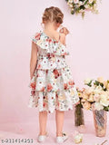 White polyester one-shoulder frocks & dresses for kids, printed satin design, sizes: 1-2 Years, 2-3 Years, 3-4 Years, 4-5 Years, 5-6 Years, 6-7 Years (India)