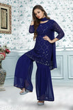Blue Georgette Kurti Sharara Set with Sequin Embroidery - Indian wedding festival party wear, ready to wear