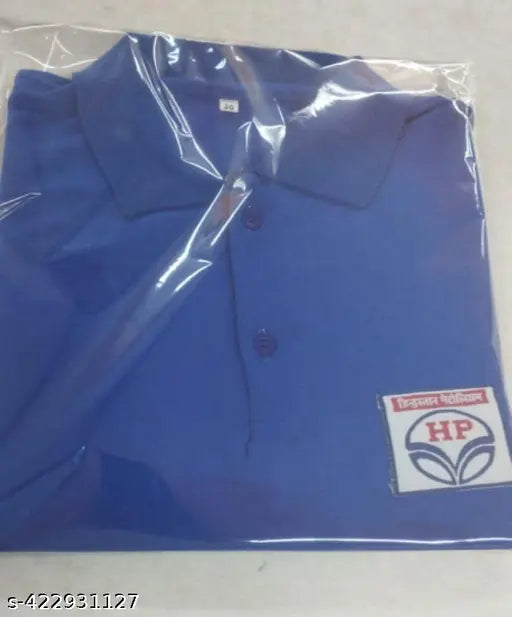 Royal Blue Hindustan Petroleum HPCL Uniform T-shirt, short sleeves, printed design on chest and left side patch. Sizes: S, M, L, XL, XXL. Quality 180gsm spun metty fabric, contrast red RIB and inner placket. Made in India by Pragati Textile, Jaipur