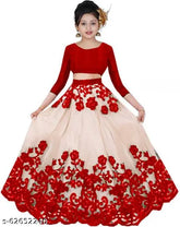 Red kids embroidered dupion silk lehenga choli with net sleeves, semi-stitched and embellished Indian traditional outfit