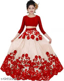 Red kids embroidered dupion silk lehenga choli with net sleeves, semi-stitched and embellished Indian traditional outfit