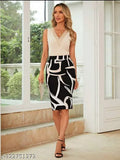 Black and white abstract print high-waisted pencil skirt, knee-length, polyester, figure-flattering silhouette, suitable for office wear, formal events, or casual outings