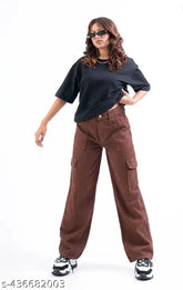 High waist baggy denim women's wideleg cargo pocket jeans, black, sustainable design