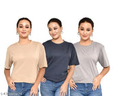 Cotton blend solid round neck T-shirt for women, comfortable and breathable, suitable for casual western outfits