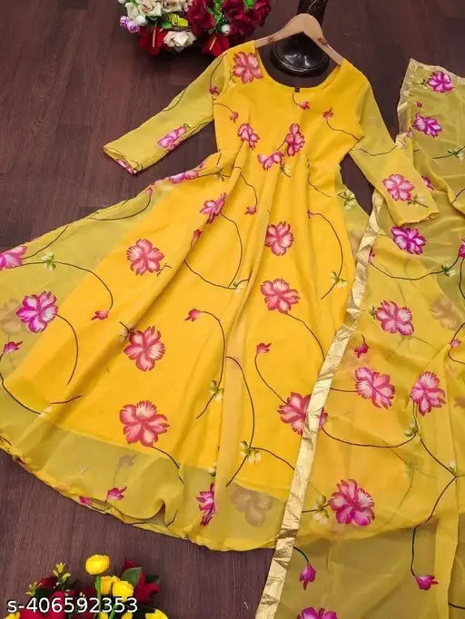 Anira yellow georgette gown with printed net, three-quarter sleeves, Indian bridal wear for women - M, L, XL, XXL sizes