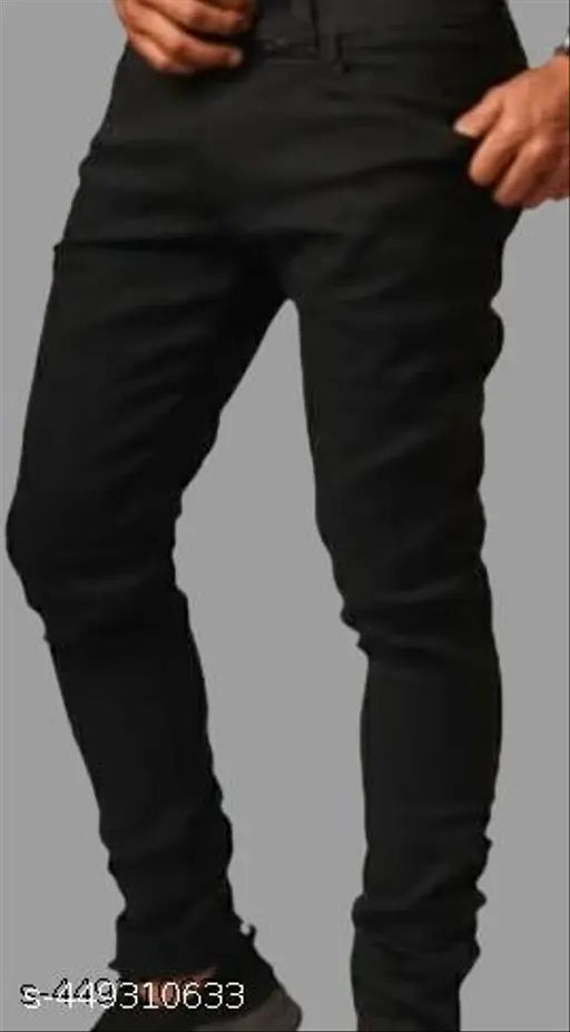 Black men's Z-Black denim jeans, slim fit, solid pattern, casual style stretch pants. Men's black denim on a clothing hanger