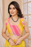 Yellow mirror work Net saree with Leriya print blouse, soft and skin-friendly material for parties or festivals