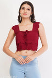 Maroon scalloped edge crop top, cotton blend, sleeveless, tie-front detail, versatile Western wear
