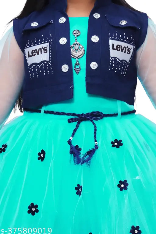Mint green net party dress for kids with lace flower work, suitable for special occasions