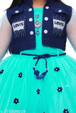 Mint green net party dress for kids with lace flower work, suitable for special occasions