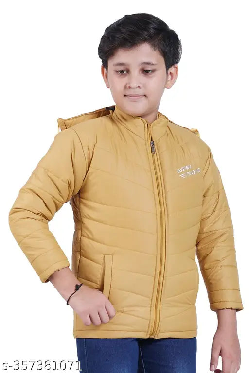 Boys polyester jacket, waterproof hooded winterwear for kids aged 6-9 years, solid color party wear with long sleeves