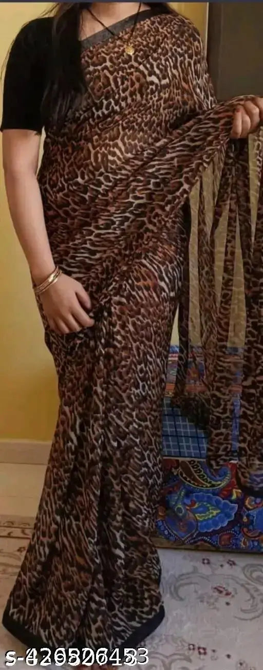 Soft Georgette Chitah Print Saree in Dupion Silk Blouse, Indian handcrafted embellished saree