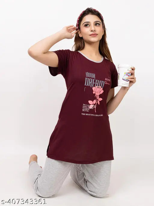 Kvetoo printed full-length cotton night suit for women, summer wear in multiple sizes