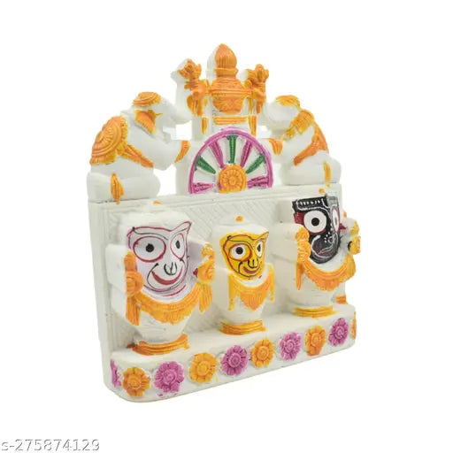 Marble sculpture of Lord Jagannath, Balaram, and Subhadra for spiritual home decor (11x12.5x2.5 cm)