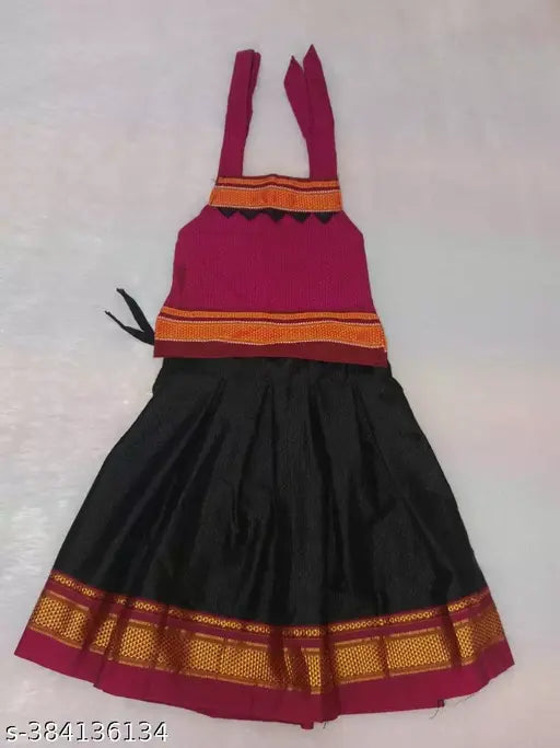 Black and pink cotton blend baby girl ethnic wear Lehenga Choli, Aari work with sleeveless top
