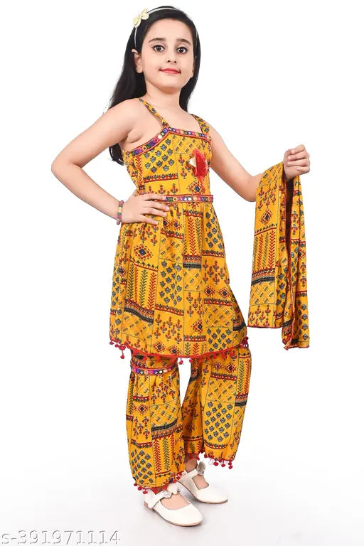 Cotton blend Rajasthani traditional Palazzo pant top with yellow dupatta for kids, 18-5 years