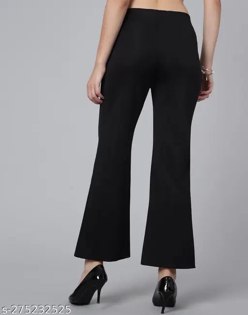 Black lycra bell-bottom trousers by Selvia, casual and comfortable, mid-rise design