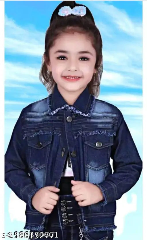 Girls' denim casual designer jacket, long sleeves, dyed/washed pattern, kids' size available