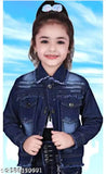Girls' denim casual designer jacket, long sleeves, dyed/washed pattern, kids' size available