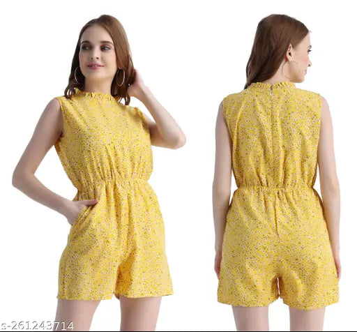 Yellow & Pink women's and girls' short jumpsuit with two side pockets, printed net on crepe fabric. Perfect for festive occasions. Made in India