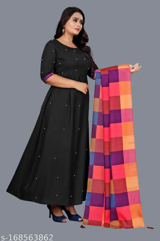 Anarkali_Black rayon dress with bamboo inner, art silk dupatta, black net. Indian women's clothing in various sizes - S-XXXL