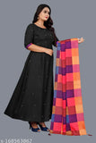 Anarkali_Black rayon dress with bamboo inner, art silk dupatta, black net. Indian women's clothing in various sizes - S-XXXL