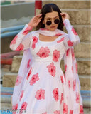 Georgette stitched anarkali gown full Amrela flayer with dupatta, printed pattern, multiple sizes available for women's formal wear