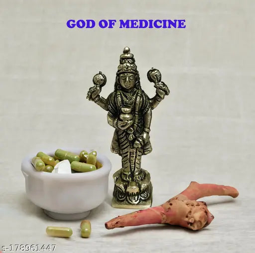 Brass Ashtadhaatu Bhagwan Dhanvantri Idol, 3.5" Indian home temple figurine for Dhanteras pujan and Ayurvedic worship
