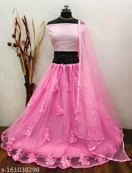 Pink net lehenga-krupa set for baby, solid top with applique dupatta, Indian traditional clothing on display